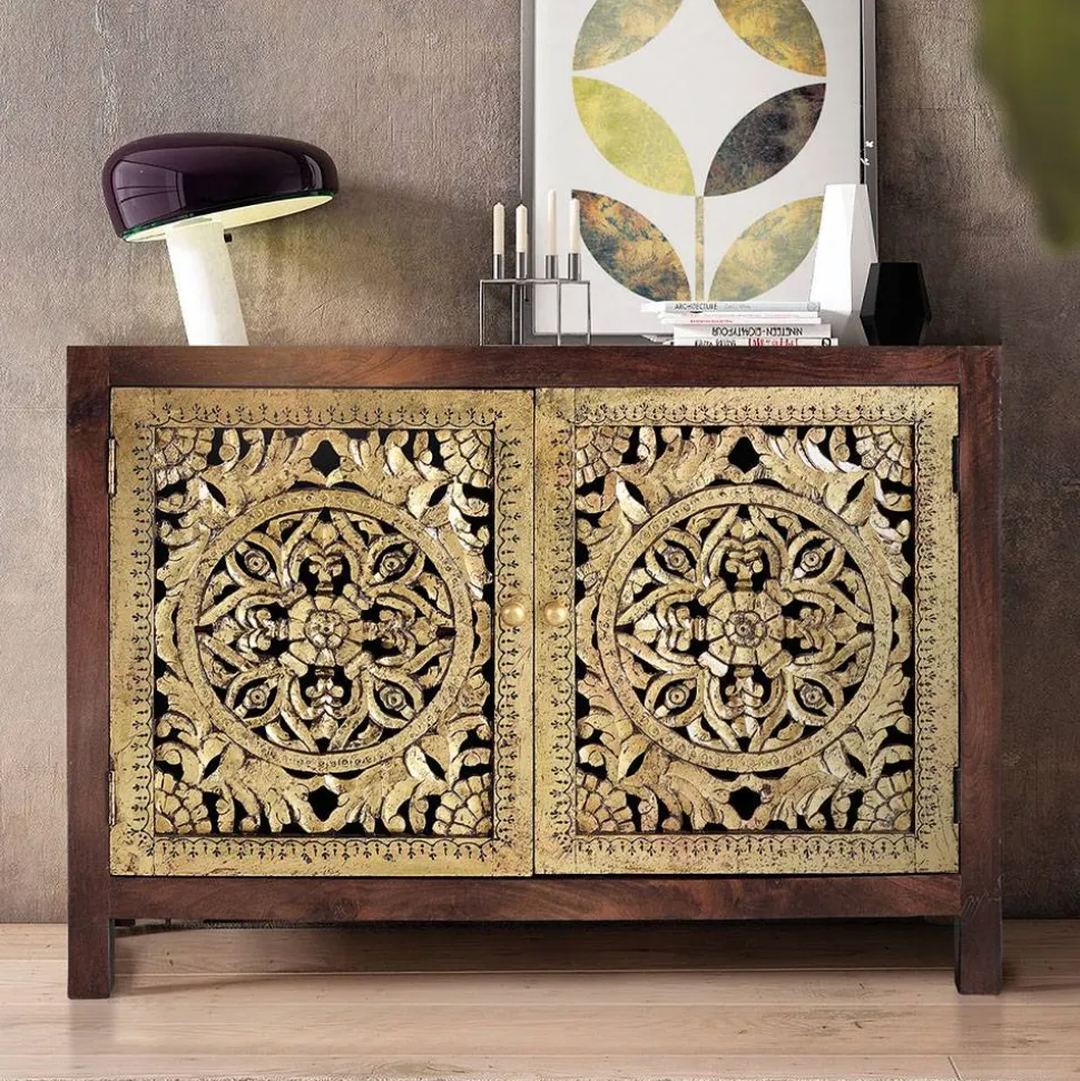 Kommode in Gold und Walnuss Braun - Roswito