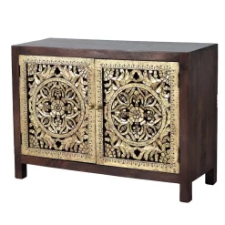 Kommode in Gold und Walnuss Braun - Roswito