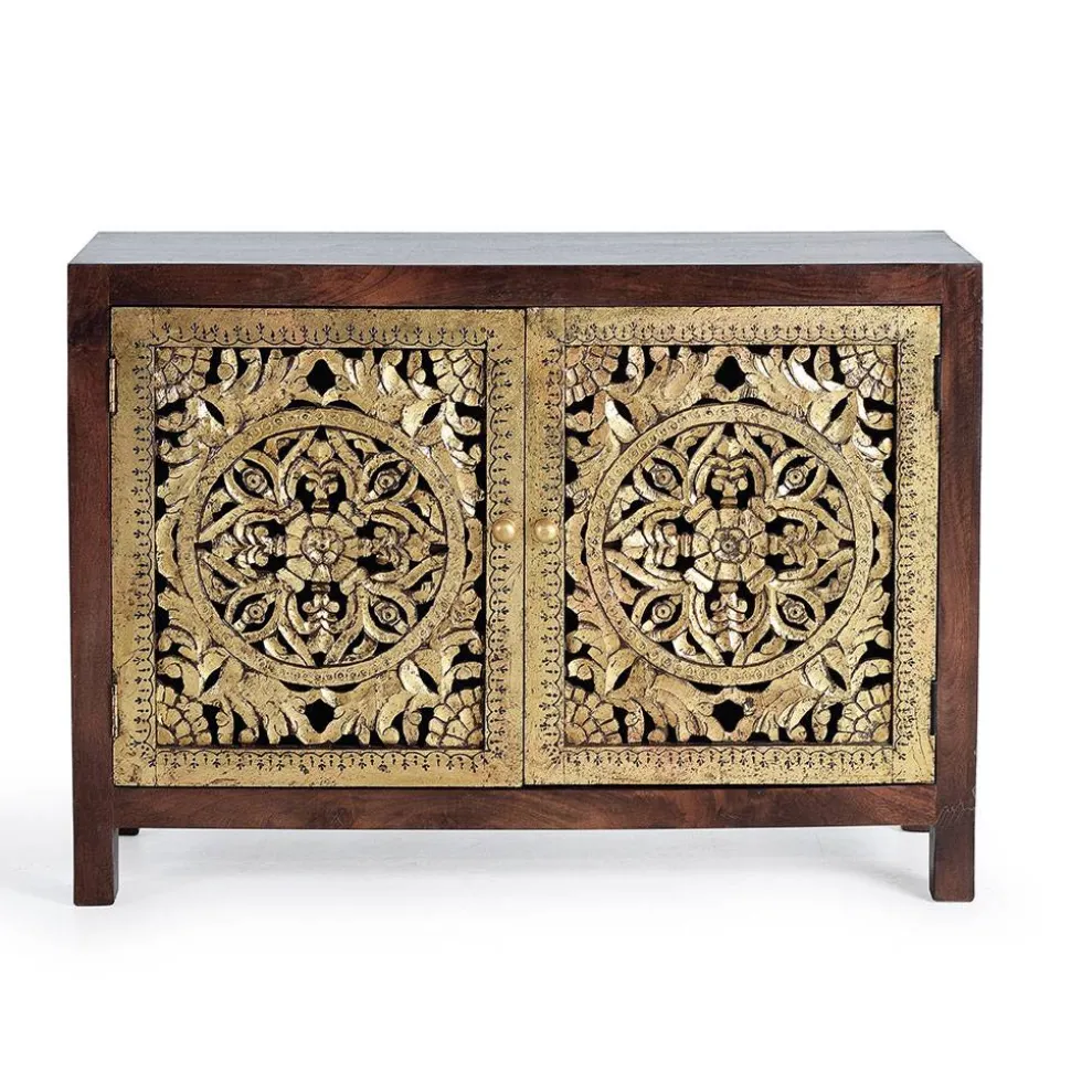 Kommode in Gold und Walnuss Braun - Roswito