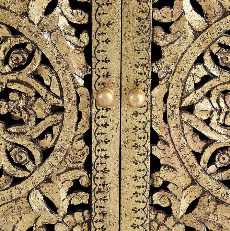 Kommode in Gold und Walnuss Braun - Roswito