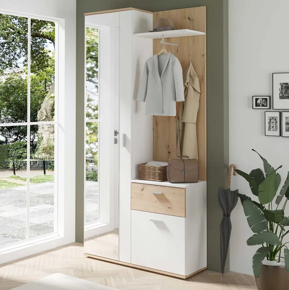 Kompaktgarderobe in Weiß und Wildeiche Optik - Yumagno