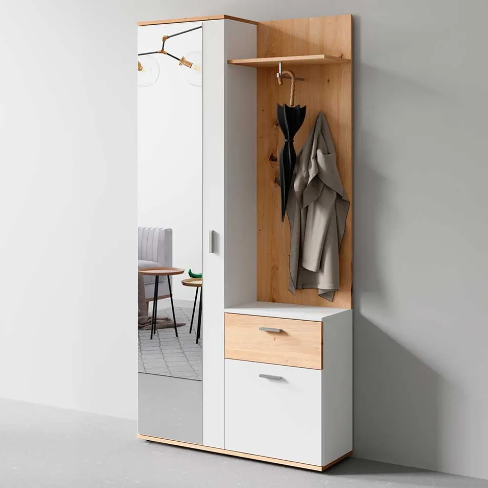 Kompaktgarderobe in Weiß und Wildeiche Optik - Yumagno