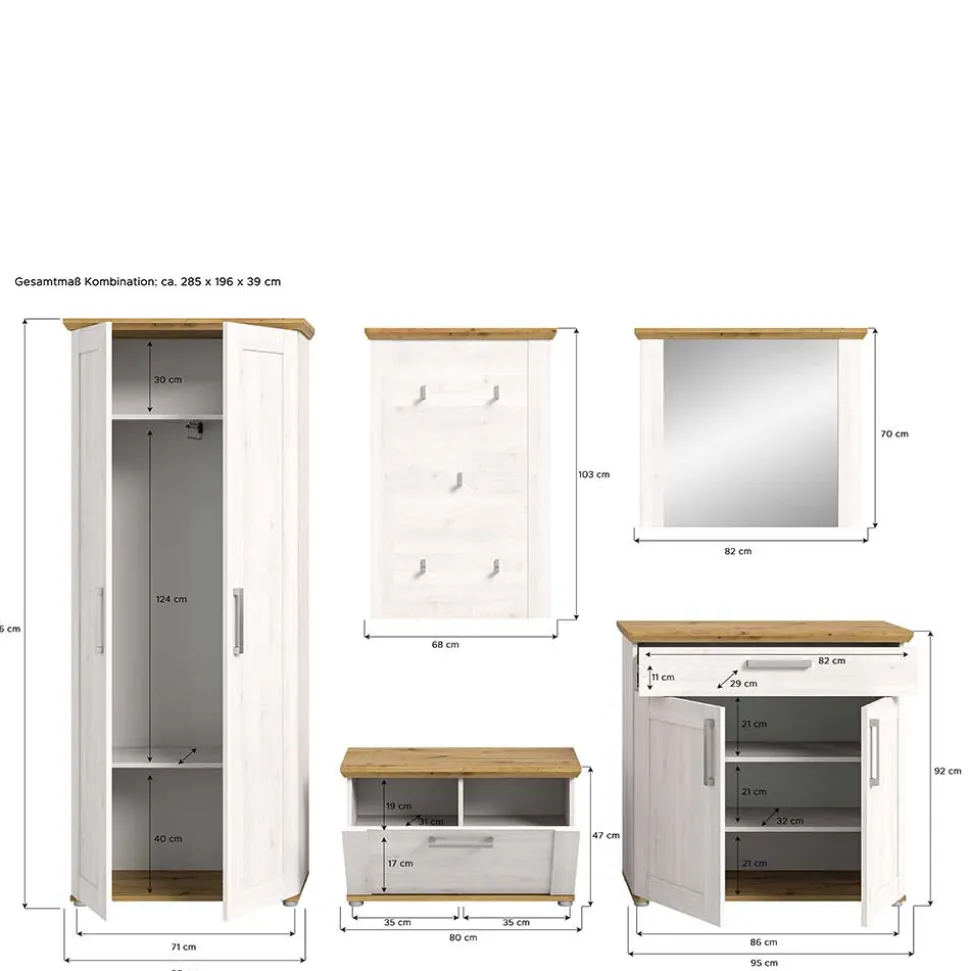 Landhaus Flur Möbelset komplett - Tocella (fünfteilig)