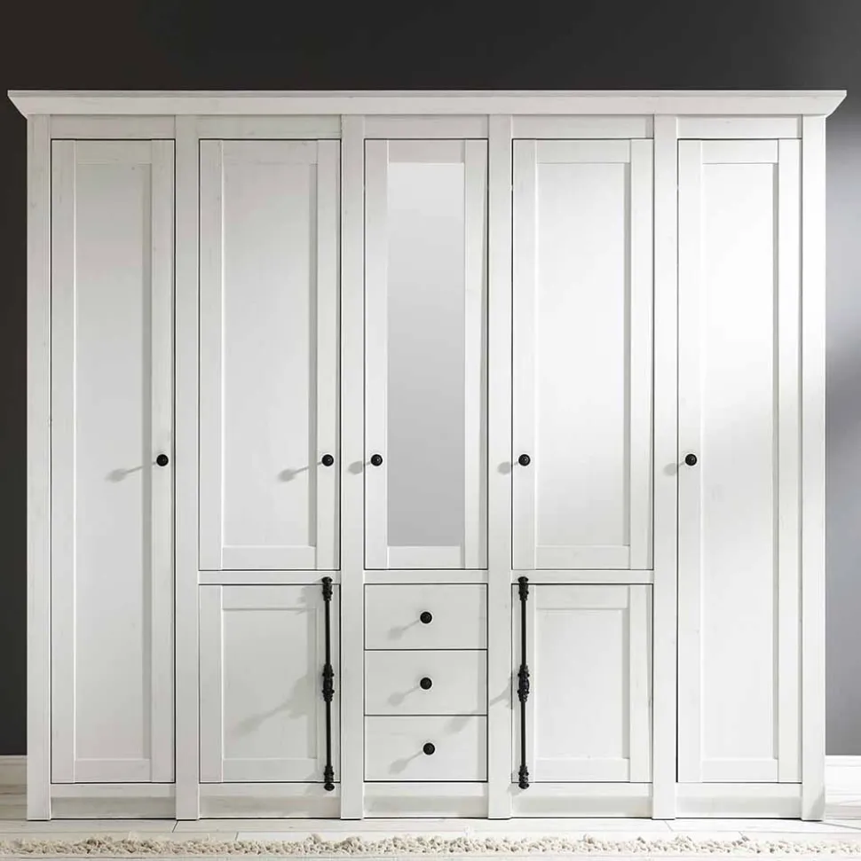 Landhaus Kleiderschrank Chelles in Weiß mit Spiegel