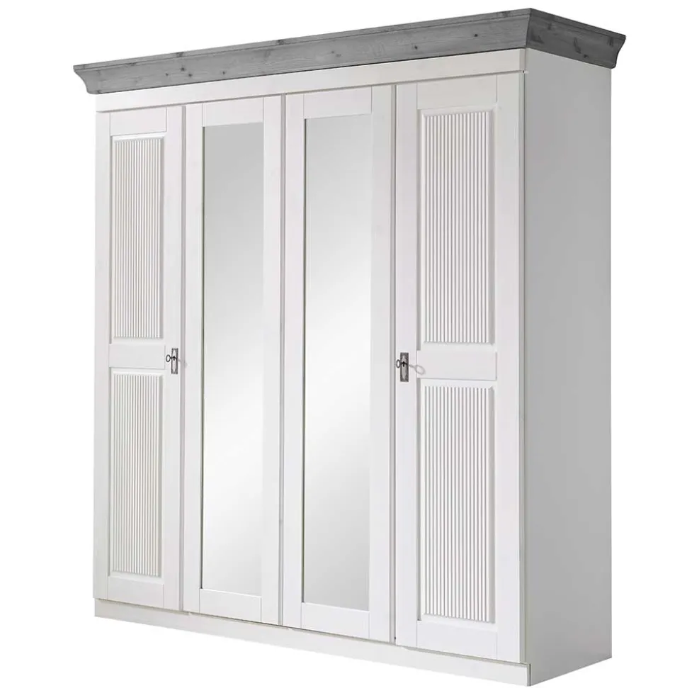 Landhaus Kleiderschrank in Weiß und Kiefer Grau - Caneon