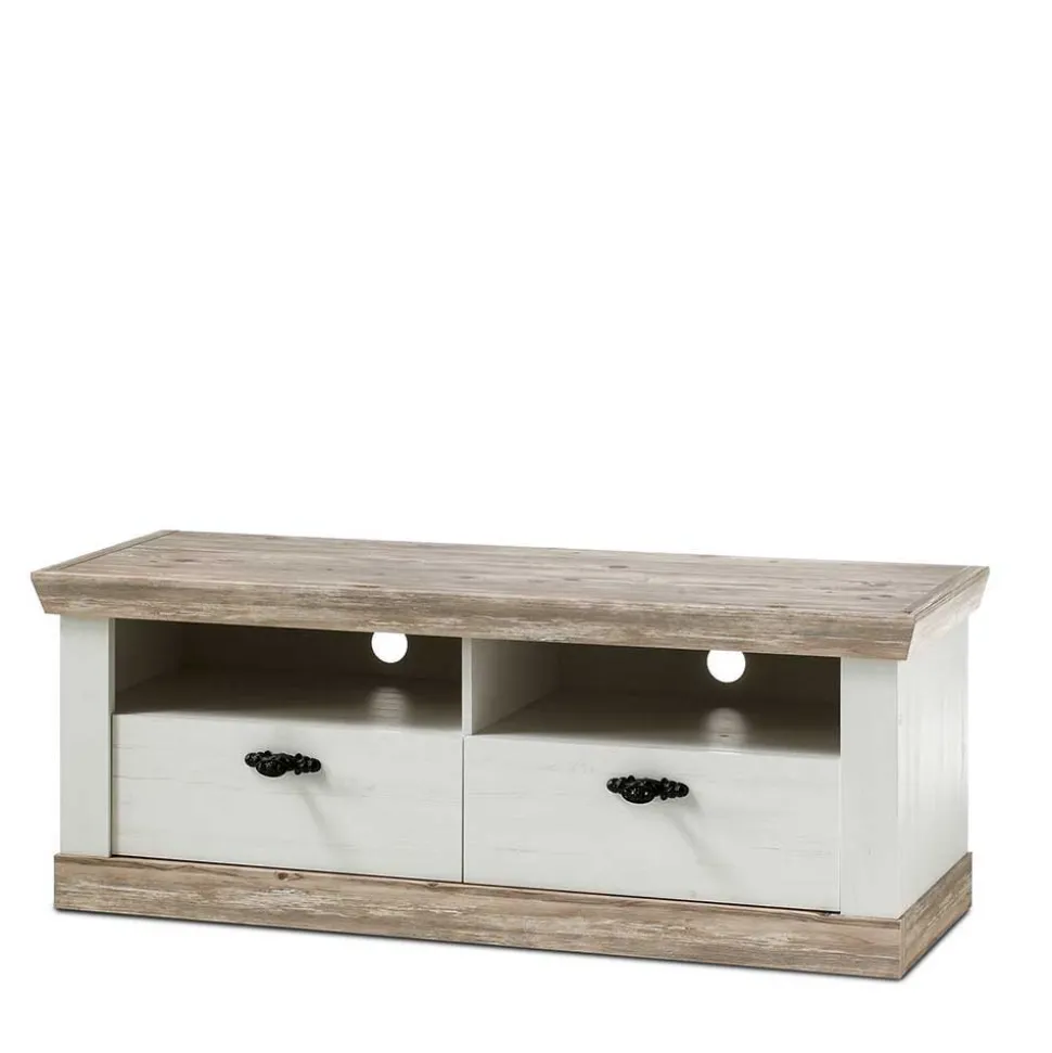 Landhaus TV Element in Weiß & Pinie Shabby Nedita mit 2 Schubladen