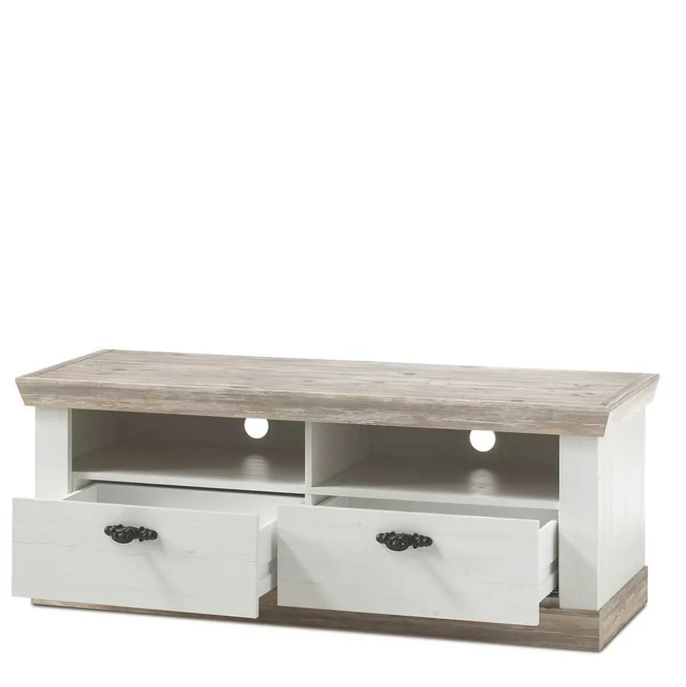 Landhaus TV Element in Weiß & Pinie Shabby Nedita mit 2 Schubladen
