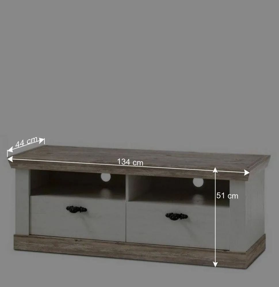 Landhaus TV Element in Weiß & Pinie Shabby Nedita mit 2 Schubladen