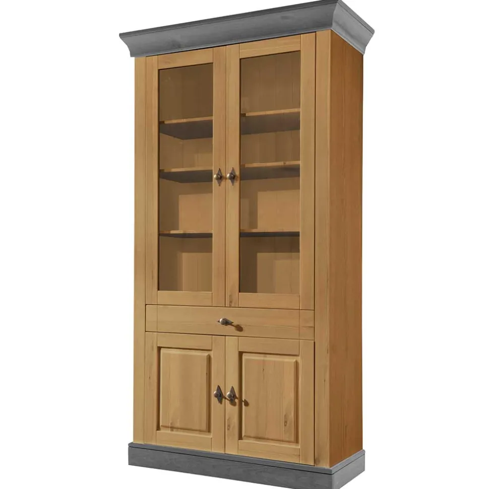 Landhaus Vitrinenschrank in Kiefer Lauge & Grau - Eshelas