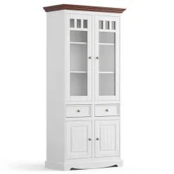 Landhaus Vitrinenschrank in Weiß mit Nussbaum - Manipur