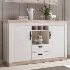 Landhaus Wohnmöbel Set mit Sideboard Nedita in Weiß mit Pinie Shabby (vierteilig)