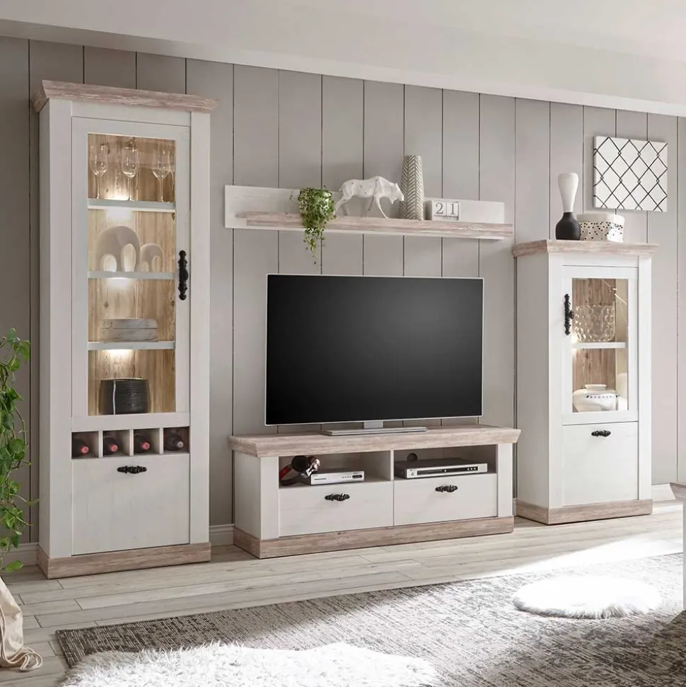 Landhaus Wohnzimmer Möbel Set Nedita in Weiß & Pinie (vierteilig)