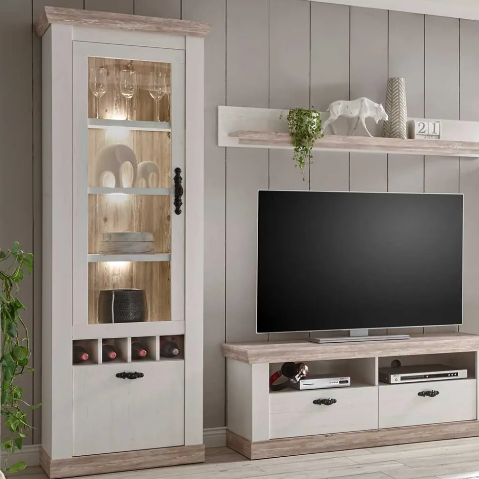 Landhaus Wohnzimmer Möbel Set Nedita in Weiß & Pinie (vierteilig)