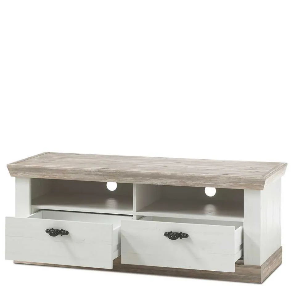 Landhaus Wohnzimmer Möbel Set Nedita in Weiß & Pinie (vierteilig)