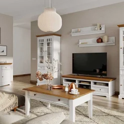 Landhaus-Wohnzimmertisch in Weiß mit Eiche - Bordona