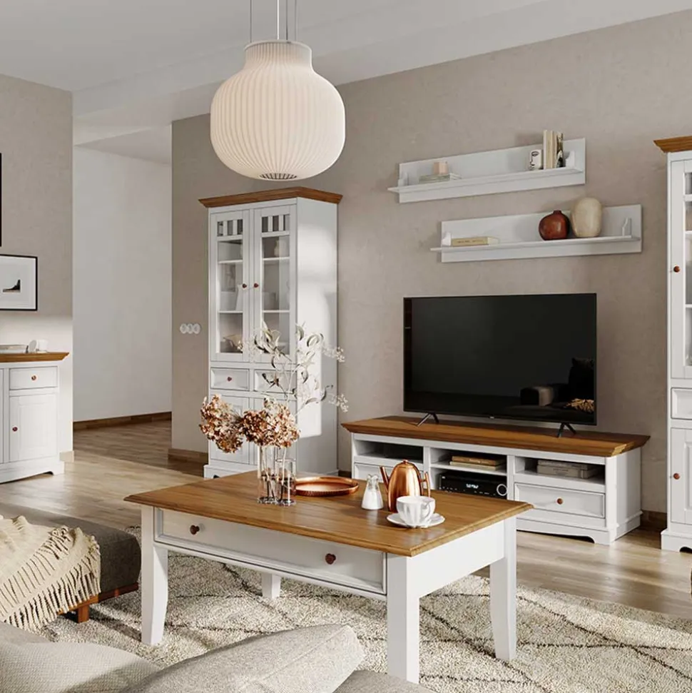 Landhaus-Wohnzimmertisch in Weiß mit Eiche - Bordona