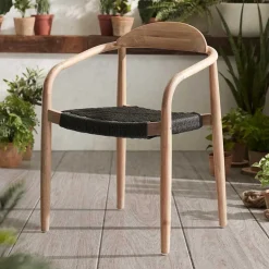 Massivholz Armlehnstuhl mit Geflecht Sitz Anela aus Kordel Grau (4er Set)