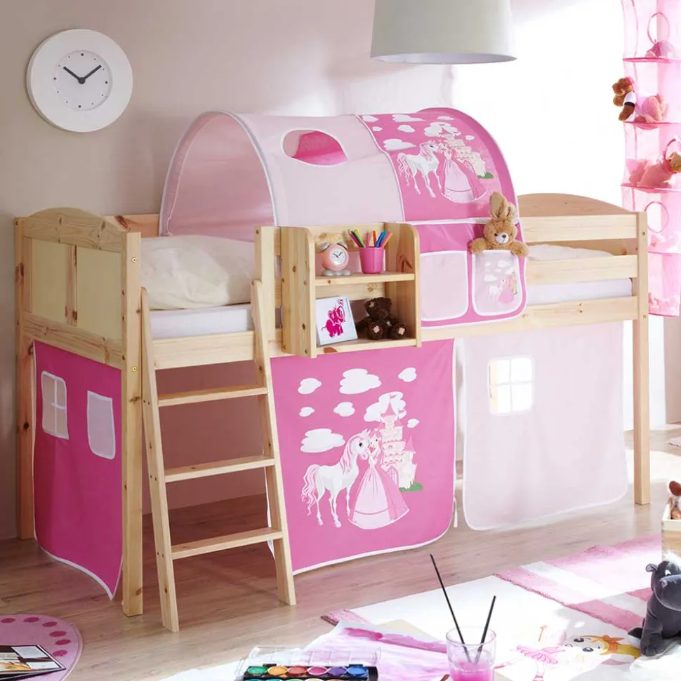 Massivholz Kinderhochbett in Kieferfarben - Atomas