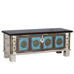 Massivholztruhe in Antikweiß mit Blau Bronze Braun - Eskuladra