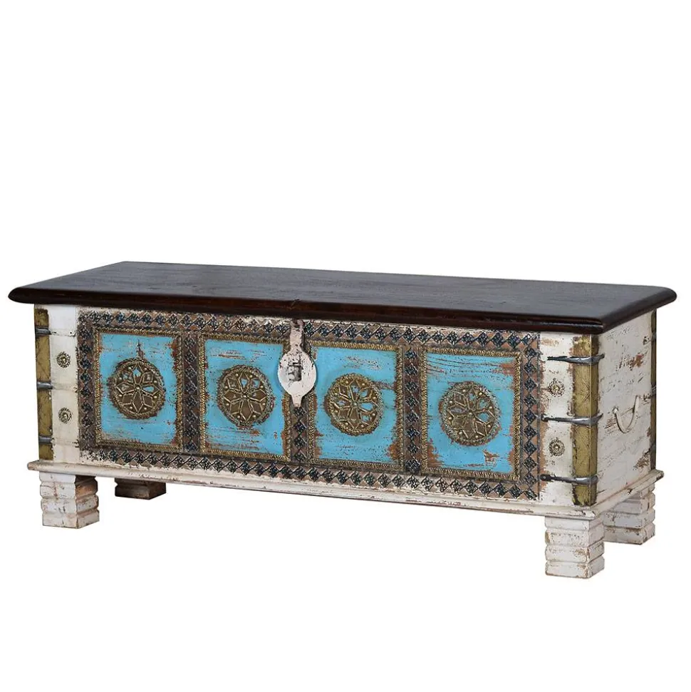 Massivholztruhe in Antikweiß mit Blau Bronze Braun - Eskuladra