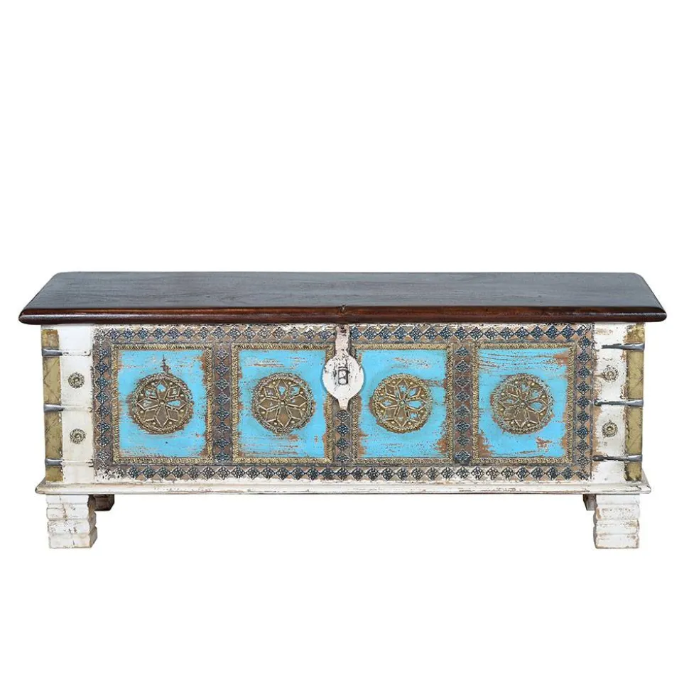 Massivholztruhe in Antikweiß mit Blau Bronze Braun - Eskuladra