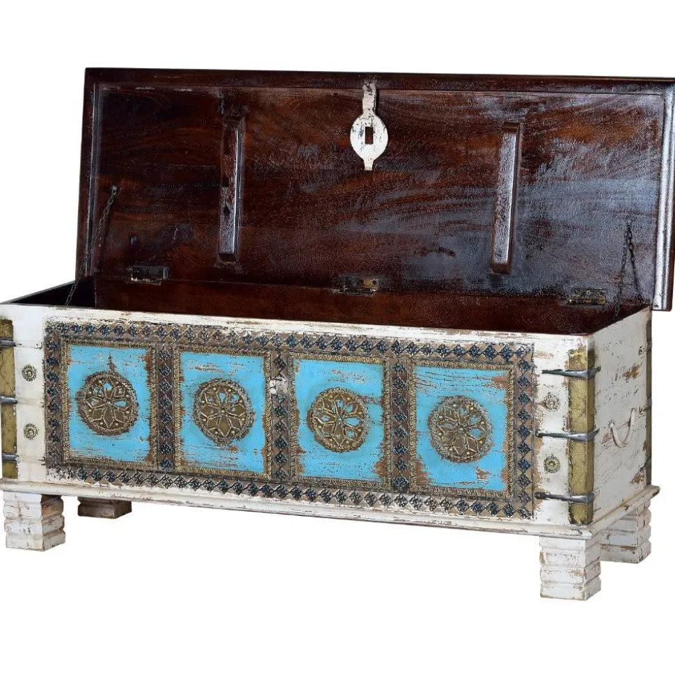 Massivholztruhe in Antikweiß mit Blau Bronze Braun - Eskuladra