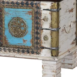 Massivholztruhe in Antikweiß mit Blau Bronze Braun - Eskuladra