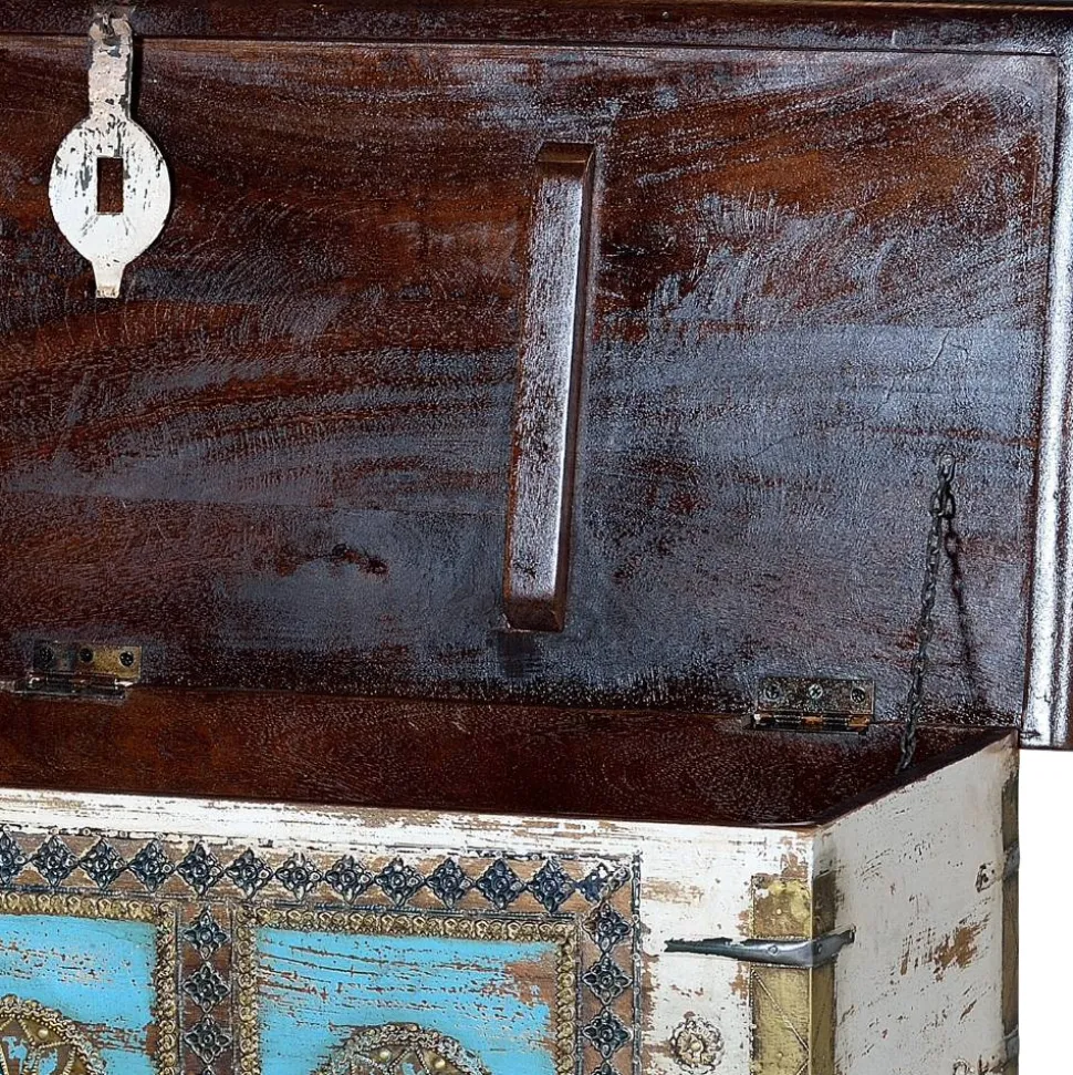 Massivholztruhe in Antikweiß mit Blau Bronze Braun - Eskuladra