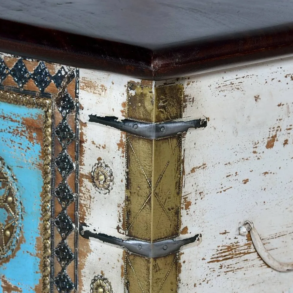 Massivholztruhe in Antikweiß mit Blau Bronze Braun - Eskuladra