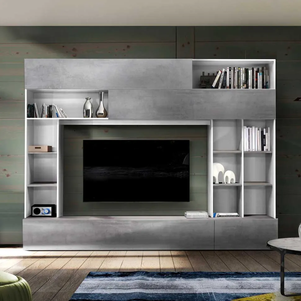 Mediawand für Fernseher in Weiß & Beton Dekor - Fancy