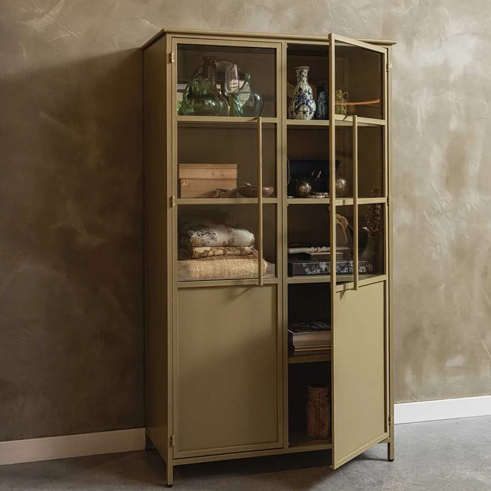 Metall Vitrinenschrank in Khaki - Gabadoza