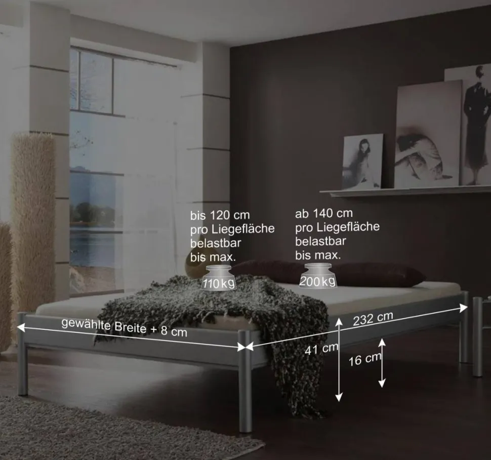 Metallbett Violetta in Überlänge