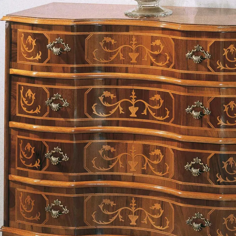 Nussbaumfarbene Kommode mit Intarsien Agosto mit 4 Schubladen