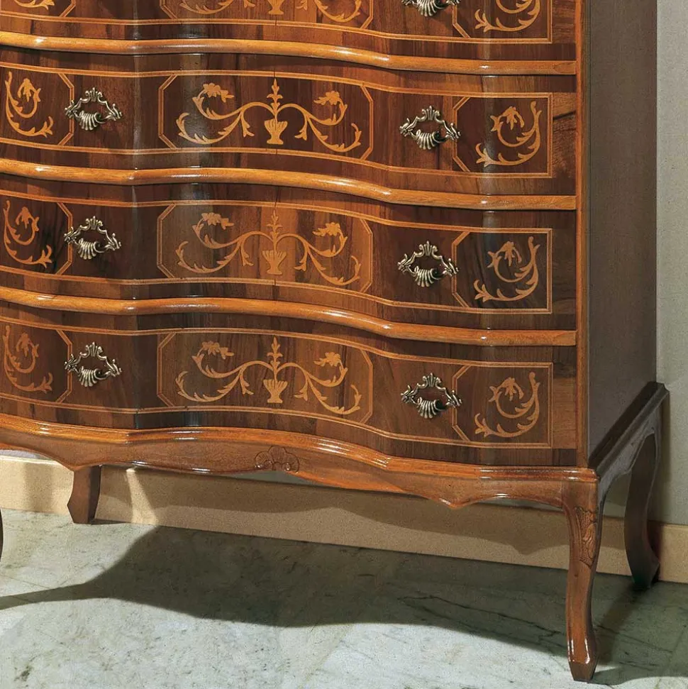 Nussbaumfarbene Kommode mit Intarsien Agosto mit 4 Schubladen