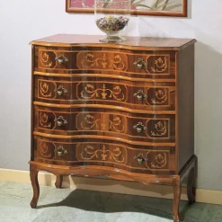 Nussbaumfarbene Kommode mit Intarsien Agosto mit 4 Schubladen