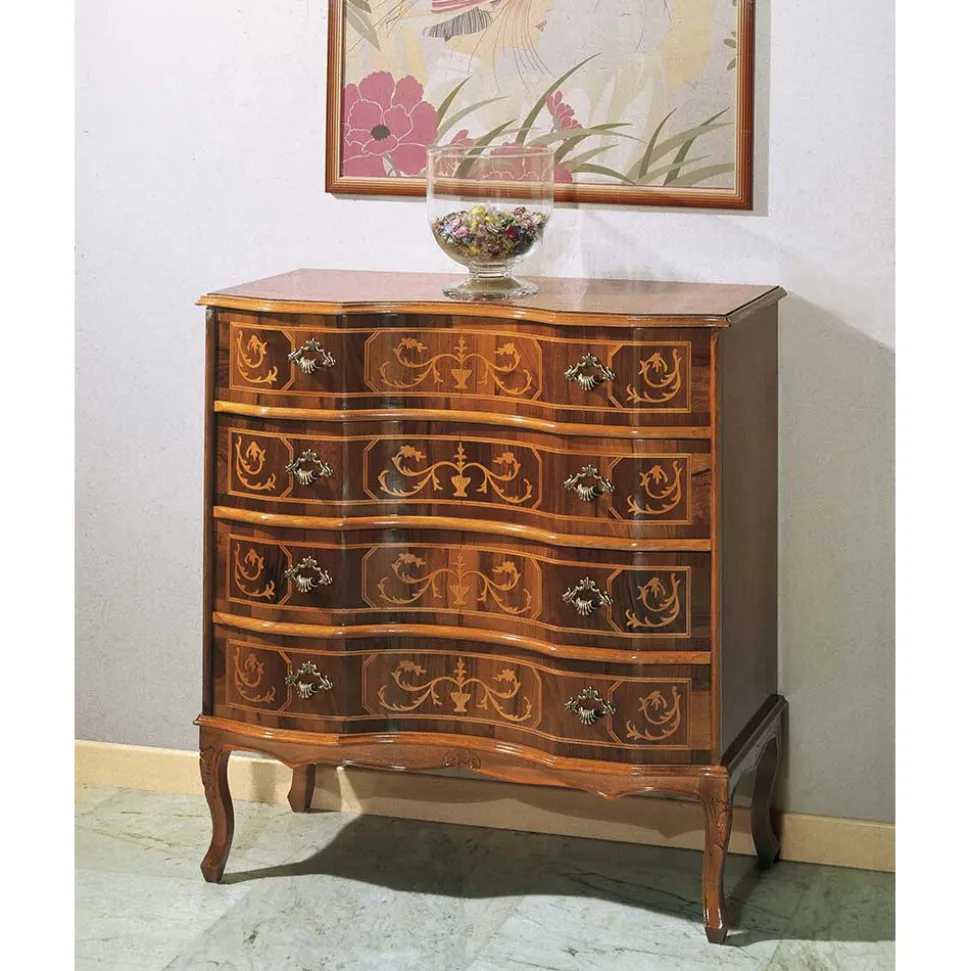 Nussbaumfarbene Kommode mit Intarsien Agosto mit 4 Schubladen