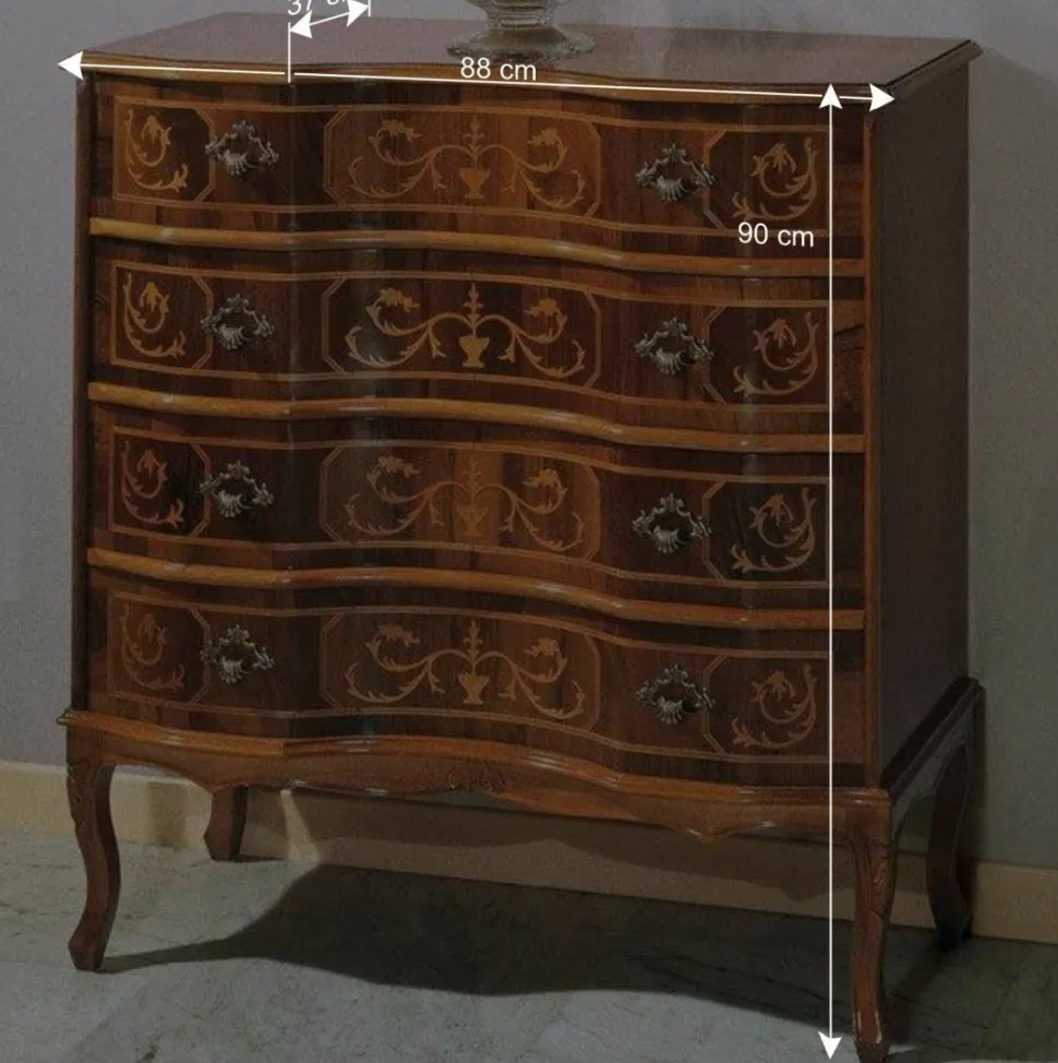Nussbaumfarbene Kommode mit Intarsien Agosto mit 4 Schubladen