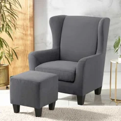 Ohrensessel mit Hocker in Grau - Odilla (zweiteilig)