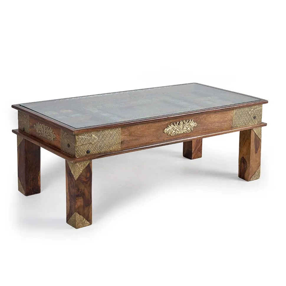 Orient Design Couchtisch aus Massivholz mit Glas - Danascov