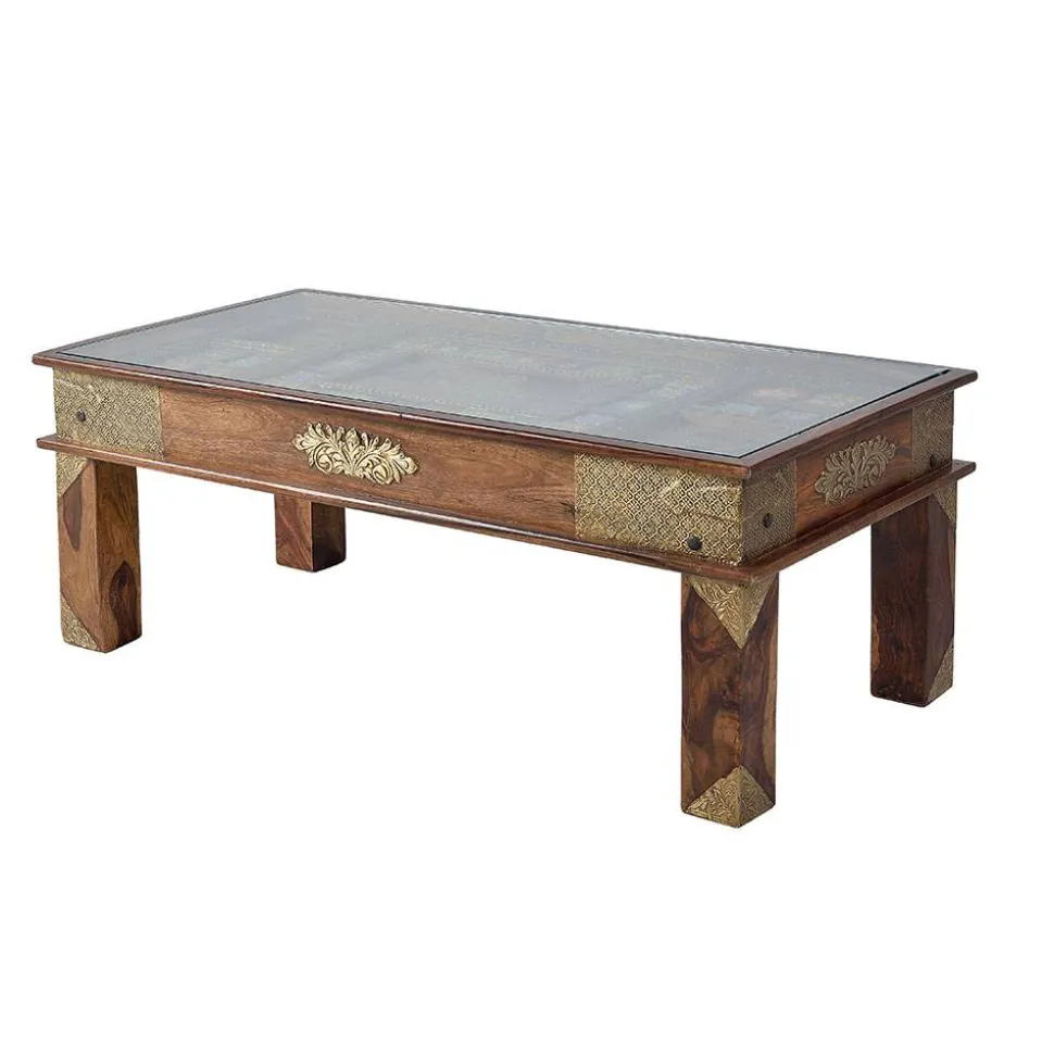 Orient Design Couchtisch aus Massivholz mit Glas - Danascov