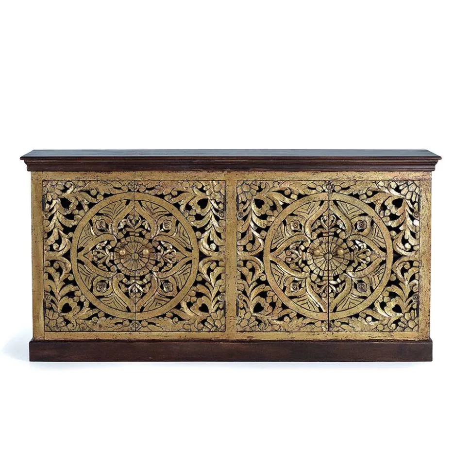 Oriental Design Sideboard in Gold und Walnussbraun - Roswito