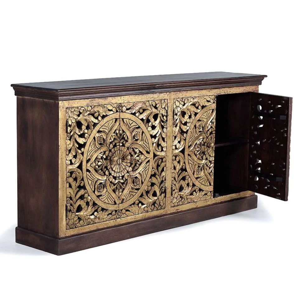Oriental Design Sideboard in Gold und Walnussbraun - Roswito