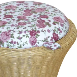 Rattan Wäschekorb & Hocker Ambros mit Polster Blumen-Motiv