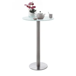 Runder Bartisch mit weißer Glasplatte Shaky & Edelstahlfuß