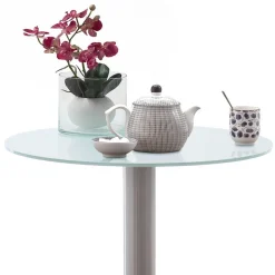 Runder Bartisch mit weißer Glasplatte Shaky & Edelstahlfuß