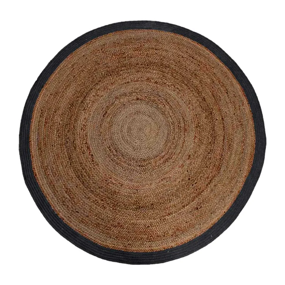 Runder Juteteppich mit Baumwollrand in Schwarz - Ophra