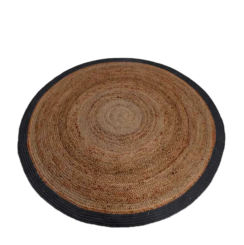 Runder Juteteppich mit Baumwollrand in Schwarz - Ophra