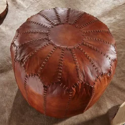 Runder Lederhocker in Cognac Braun - Fernandez