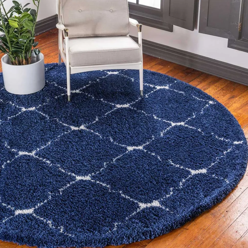 Runder Teppich in Dunkelblau & Creme Hochflor - Vimanco