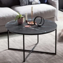 Runder Wohnzimmer Glastisch in Marmor Schwarz - Adiana